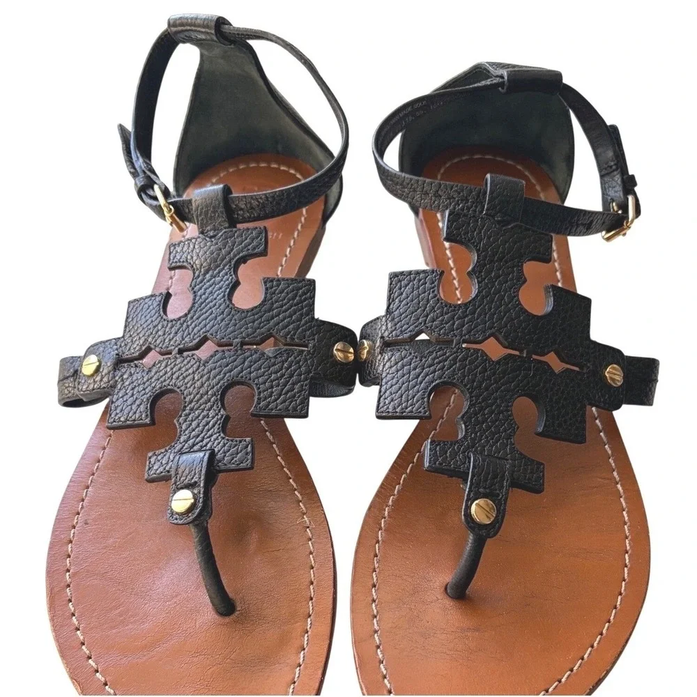 Tory Burch Phoebe Logo Thong Sandals Black Pebbled Leather Size 10